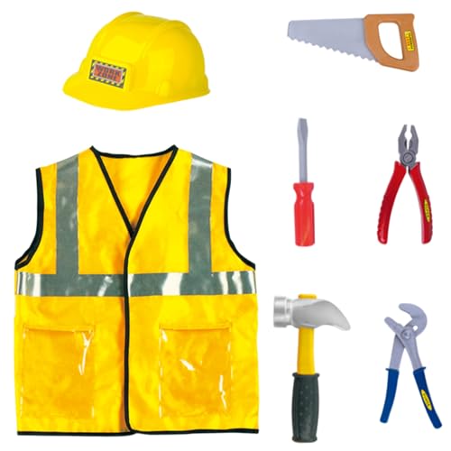 Lawnrden Kleinkind -Werkzeug -Set, 7pcs/Set Construction Worker Kostüm für Kinder 3 4 5 6, Jungen Mädchen tun spielen Spielzeug mit Bauweste, Hut & Tool von Lawnrden