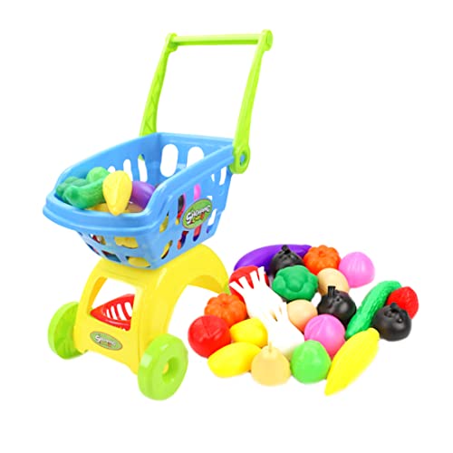 Lawnrden Mini -Trolley -Spielzeugset 24PCS Plastik Supermarkt Einkaufswagen Spielzeug mit Obstgemüse, so tun Sie Spiele Blau, Mini -Trolley -Spielzeug Spielen von Lawnrden