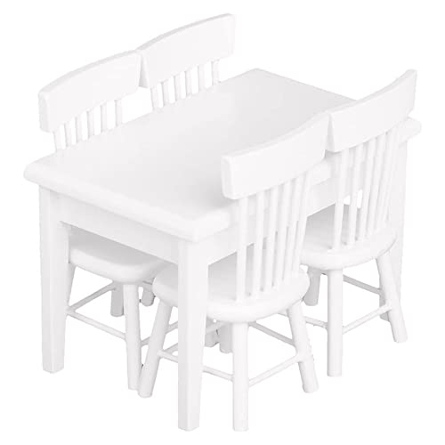 Lawnrden Miniatur Dining White Tisch Stuhl Dollhouse Stylish Mini Tragbare Holzmöbel Set für Mädchen 5pcs, Puppenhaus Esstischstuhl von Lawnrden