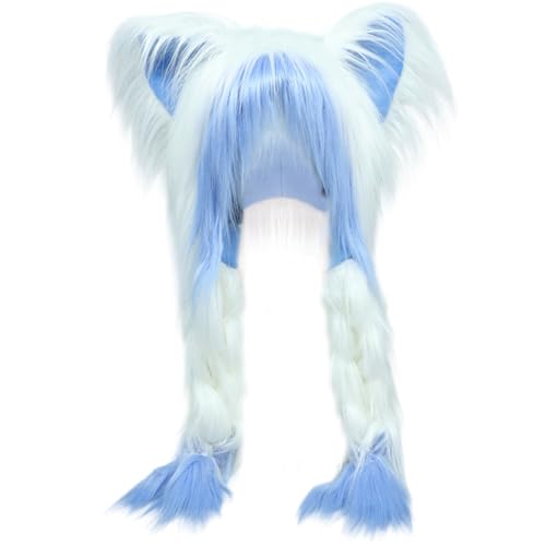 Lawnrden Pelziger Kopfhut süßer pelziger Katze Ohrhut mit Zöpfen für Halloween Cosplay Kostüm Party Head Accessoires Blau | Hüte von Lawnrden