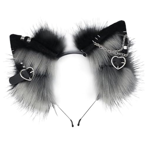 Lawnrden Schwarze Wolf Ohren, 11, 8x6, 7 Zoll Katzenfuchs Fell Ohren Haarhoop Kopfbedeckung Anime Kospart Party Cosplay Halloween Kostüm Stirnband Haarband Schwarz von Lawnrden