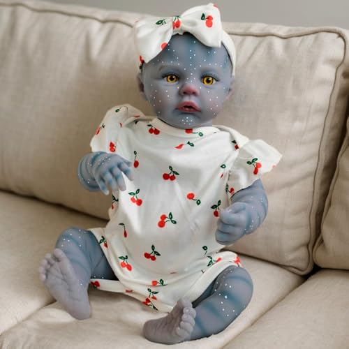 Lawnrden Weiche Babypuppe, realistische Babypuppen 18 Zoll Ganzkörper Mädchen tragen Kirschdruckkleidung Blaue Haut lebensechte Silikon Kinderspielzeug für Kinder von Lawnrden