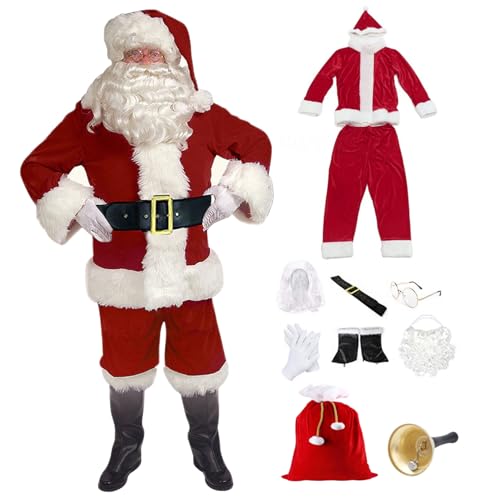 Lawnrden Weihnachtskostüm, 1 Seta Santa Kostüm für Männer 11PCS Professionelle Weihnachtsklausel, Velvet Santa Red -Outfit für die Weihnachtsfeier, Cosplay von Lawnrden