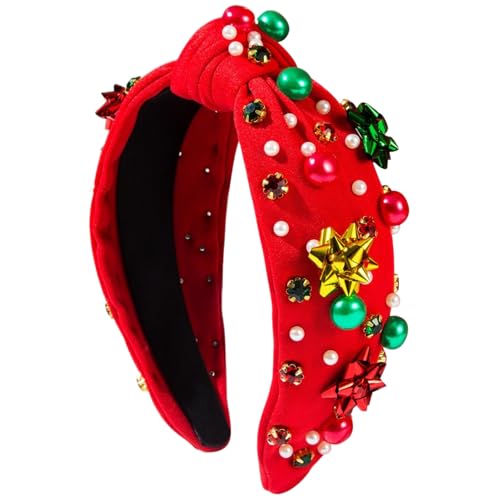 Weihnachtsstirnband Vintage Knottedes roter Stirnband mit Strass, rotgrüne Perle und Schneeflockdekoration Weithöflich Knoten für Frauen Weihnachten Kopfbedecke Feiertag Outfits Geschenke | Stirnbänd von Lawnrden