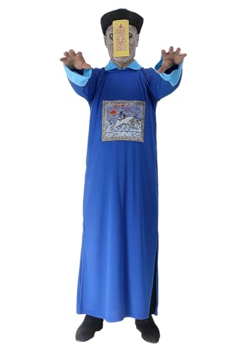 Lazutom Chinesisches Zombie-Kostüm für Erwachsene, Qing-Dynastie, Vampir-Outfit mit Robe-Hut, für Halloween, Cosplay, Bühnenaufführung, Blau, Einheitsgr��e von Lazutom