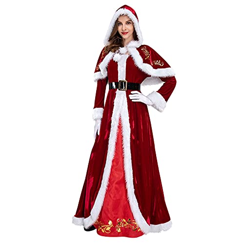 Lazzboy Weihnachten Kostüm Damen Cosplay Prinzessin Kleid Vintage Retro Weihnachtsfrau Santa Claus Mit Gürtel Weihnachtsmann V-ausschnitt Dress Outfits Party Outfit Karneval (M,Rot) von Lazzboy