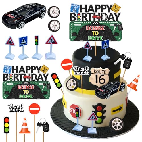 13 Stück Führerschein Geburtstag Kuchen Topper, New Driver Glitter Kuchen Dekoration, Führerschein Transport Auto Straßenschilder Thema Party Supplies, 16. 17. Lerner Fahrer Geburtstag Kuchen Topper von Lcnjscgo