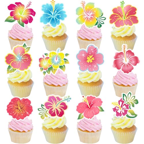 24 Stück Hibiskusblüten-Kuchen-Topper, Hibiskusblume, Cupcake-Kuchendekorationen, tropische Aloha-Hawaii-Geburtstagsparty-Dekorationen für Kinder, Jungen, Mädchen, Babyparty von Lcnjscgo