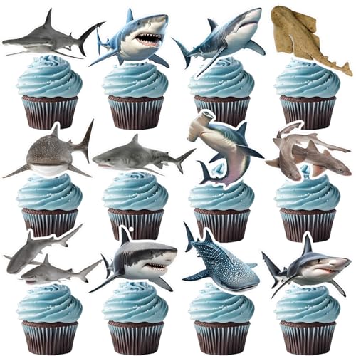 24 Stück realistische Hai-Cupcake-Topper, Hai-Cupcake-Kuchendekorationen, Ozean-Tiere, Hai, Geburtstagsparty-Dekorationen für Kinder, Jungen, Mädchen, Babyparty von Lcnjscgo