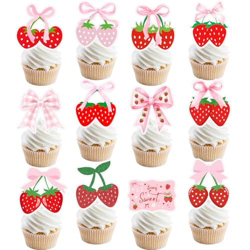 24 Stück rosa Schleife, Erdbeere, Cupcake-Topper, rosa Schleife, Erdbeere, Geburtstagsparty-Dekorationen, Beere, süße Erdbeer-Thema, Kuchendekorationen für Mädchen, Beeren, erster Geburtstag von Lcnjscgo