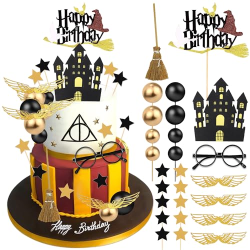 26 PCS Magical Wizard Birthday Cake Toppers, Wizard Party Favors Supplies Glitter Black Wizard Themed Cake Decoration Gifts for Kids Baby Shower von Lcnjscgo