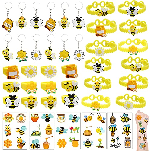 96-teiliges Partyzubehör mit Bienen-Motiv, Hummel-Themenparty-Zubehör, inklusive niedlicher Bienen-Schlüsselanhänger, Armbänder, Ring und temporäre Tattoos für Hummel-Motto-Party, Geburtstag, Dusche von Lcnjscgo