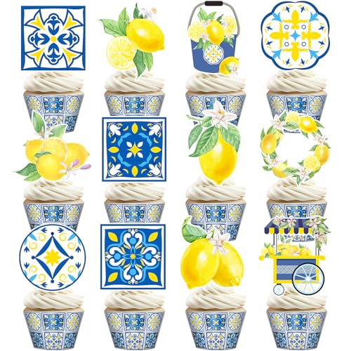 Capri-Zitronen-Kuchen-Cupcake-Topper, blaue Fliesen, gelbe Zitrone, Cupcake-Kuchendekorationen, Capri-Zitrone, Geburtstagsparty-Dekorationen, Zubehör, 24 Stück von Lcnjscgo