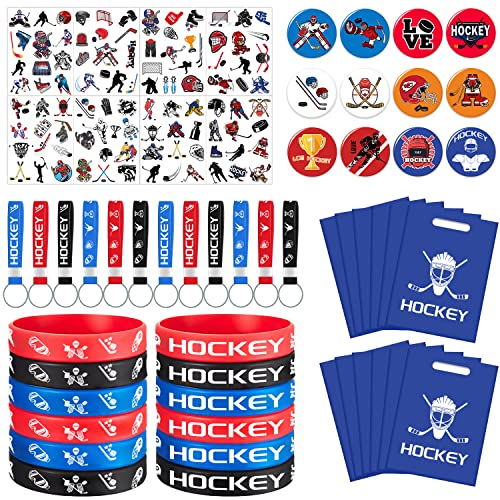 Eishockey-Partyzubehör, Hockey-Partyzubehör, Taschenfüller, Eishockey-Armbänder, Schlüsselringe, temporäre Tattoos, Knopf-Abzeichen-Nadeln und Geschenktüten, Eishockey-Geburtstagsparty-Zubehör von Lcnjscgo