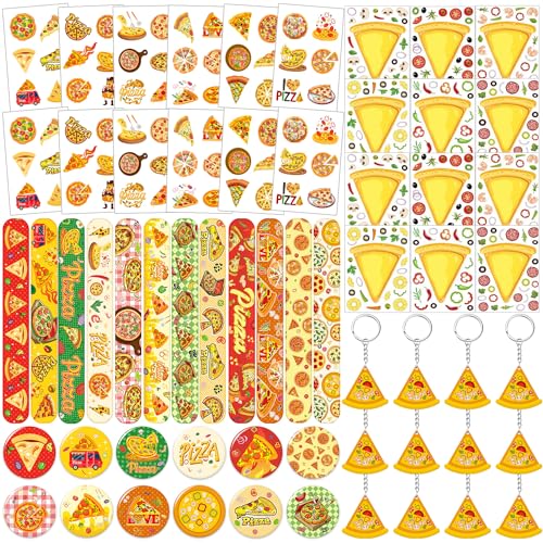 LCNJSCGO Pizza-Partygeschenke – 60-teiliges Set mit temporären Tattoos, Aufklebern, Armbändern, Schlüsselanhängern und Abzeichen für Kinder-Pizza-Geburtstagsfeiern von Lcnjscgo