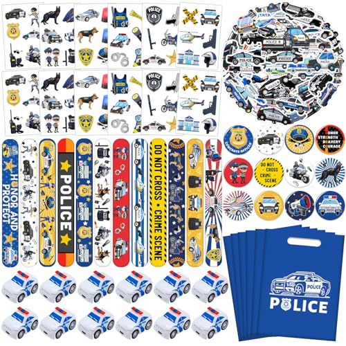 Police Party Favors Kit, Police Party Decorations, 72Pcs Temporary Tattoos, 12Pcs Police Officer Slap Bracelets, 50Pcs Police Stickers,12Pcs Mini Police Toy Cars, 12Pcs button badge, 12Pcs Gift Bags von Lcnjscgo