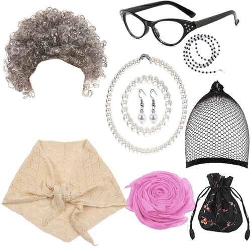 Ldabrye 10pcs Alte Lady Kostüm Set Für Bühnenaufführungen Mit Handtasche Schal Künstlicher Perlen Halskette Cosplay Party Granny Perücken Ldabrye 10pcs Alte Lady Kostüm Set Für Bühnenaufführungen Mit Handtasche Schal Künstlicher Perlen Halskette Cosplay Party Granny Perücken von Ldabrye