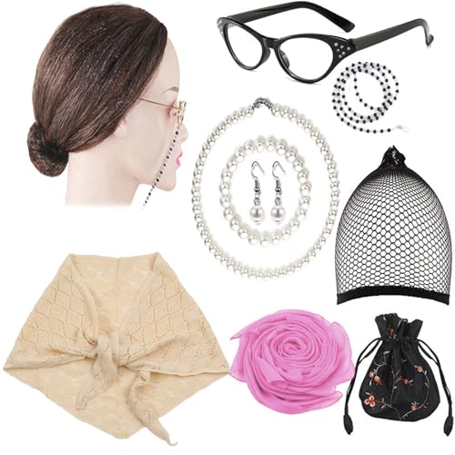 Ldabrye 10pcs Alte Lady Kostüm Set Für Bühnenaufführungen Mit Handtasche Schal Künstlicher Perlen Halskette Cosplay Party Granny Perücken Ldabrye 10pcs Alte Lady Kostüm Set Für Bühnenaufführungen Mit Handtasche Schal Künstlicher Perlen Halskette Cosplay Party Granny Perücken von Ldabrye