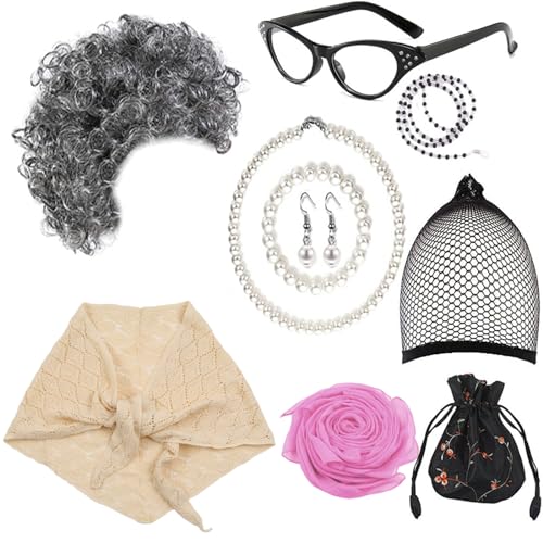 Ldabrye 10pcs Alte Lady Kostüm Set Für Bühnenaufführungen Mit Handtasche Schal Künstlicher Perlen Halskette Cosplay Party Granny Perücken Ldabrye 10pcs Alte Lady Kostüm Set Für Bühnenaufführungen Mit Handtasche Schal Künstlicher Perlen Halskette Cosplay Party Granny Perücken von Ldabrye