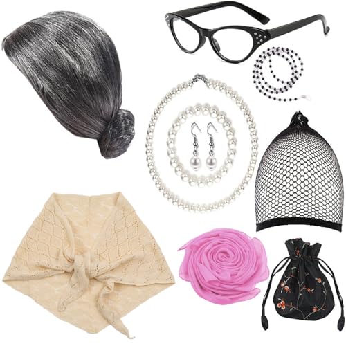 Ldabrye 10pcs Alte Lady Kostüm Set Für Bühnenaufführungen Mit Handtasche Schal Künstlicher Perlen Halskette Cosplay Party Granny Perücken Ldabrye 10pcs Alte Lady Kostüm Set Für Bühnenaufführungen Mit Handtasche Schal Künstlicher Perlen Halskette Cosplay Party Granny Perücken von Ldabrye