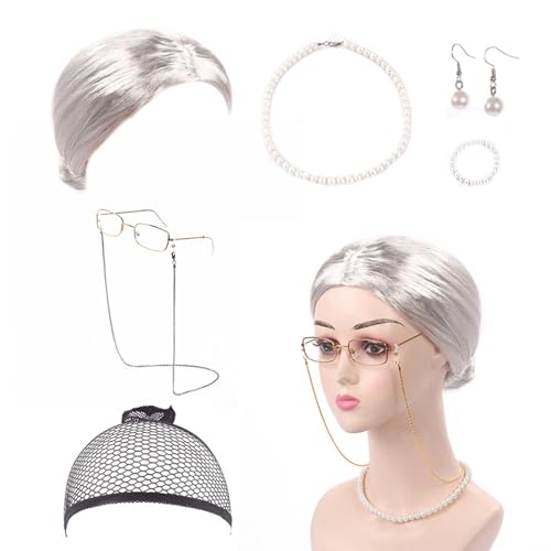 Ldabrye Halloween Oma Kostüm Set 100 Tage Schule Alte Dame Kostüm Set Oma Brille mit Kette Halskette für Mädchen Ldabrye Halloween Oma Kostüm Set 100 Tage Schule Alte Dame Kostüm Set Oma Brille mit Kette Halskette für Mädchen von Ldabrye