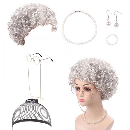 Ldabrye Halloween Oma Kostüm Set 100 Tage Schule Alte Dame Kostüm Set Oma Brille mit Kette Halskette für Mädchen von Ldabrye