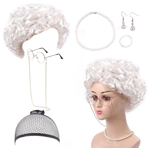 Ldabrye Halloween Oma Kostüm Set 100 Tage Schule Alte Dame Kostüm Set Oma Brille mit Kette Halskette für Mädchen von Ldabrye