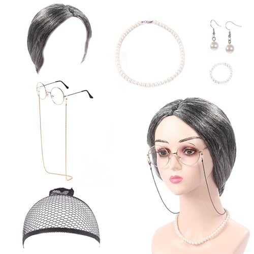 Ldabrye Halloween Oma Kostüm Set 100 Tage Schule Alte Dame Kostüm Set Oma Brille mit Kette Halskette für Mädchen von Ldabrye