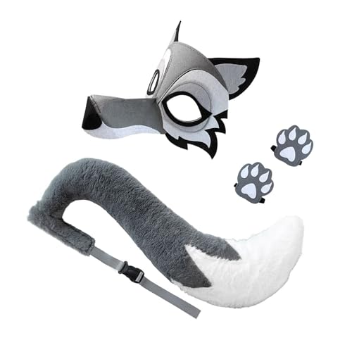 Ldabrye Halloween-Wolf-Kostüm-Set, Schwanz, Gesicht und Handschuhe für Kinder, Erwachsene, Maskerade, Halloween, Cosplay, Zubehör, Wolfskostüm, Kinder von Ldabrye