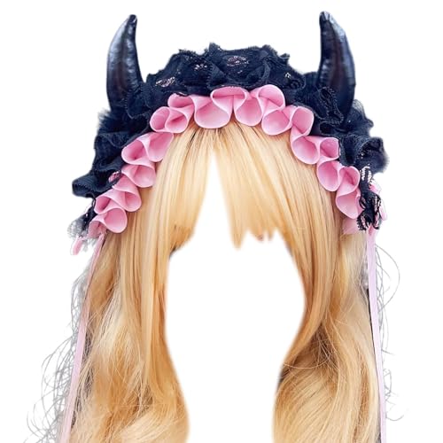 Ldabrye Teen Teufel Hornform Stirnbänder Schüler Rollenspiele Spiel Animes Charakter Versammlungen Haarband Falten Spitzen Haare Reifen von Ldabrye