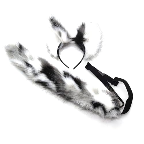 Ldabrye Weicher Wolfsschwanz, schöne Katzenohren, Stirnband, Plüschtier-Dekorationen, Kopfbedeckung für Halloween, Party, Karneval, mit Haarband, Wolfs-Plüschtier für Halloween von Ldabrye