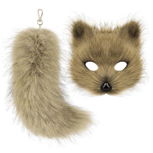 Ldabrye Wolf Füchse Gesichtsbedeckung Kostüm Mit Tierschwanz Schlüsselbund Halloween Kostümdekoration Für Kinder Erwachsene Halloween Maske Schwanz Set von Ldabrye
