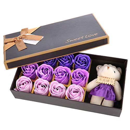 12 Rose Blumenseife Blume Plüsch Bär Valentinstag Romantische mit Kiste (Lila Gradient) von Ldafava