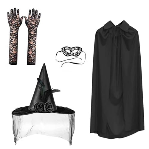 Ldbuejiaja Halloween Hexe Cosplay Zubehör Frauen Hexenkostüm Hexenumhang Hexenhut Spitzenauge und lange Handschuhe für Frauen Ldbuejiaja Halloween Hexe Cosplay Zubehör Frauen Hexenkostüm Hexenumhang Hexenhut Spitzenauge und lange Handschuhe für Frauen von Ldbuejiaja