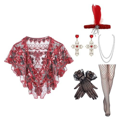 Ldbuejiaja Vintage 20er Jahre Damenkostüm-Set, glitzernde Perlenkette, Schulterschal und elegante Accessoires für Partys von Ldbuejiaja