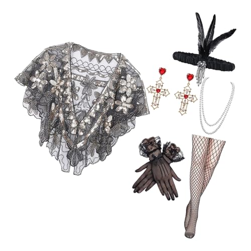Ldbuejiaja Vintage 20er Jahre Damenkostüm-Set, glitzernde Perlenkette, Schulterschal und elegante Accessoires für Partys von Ldbuejiaja