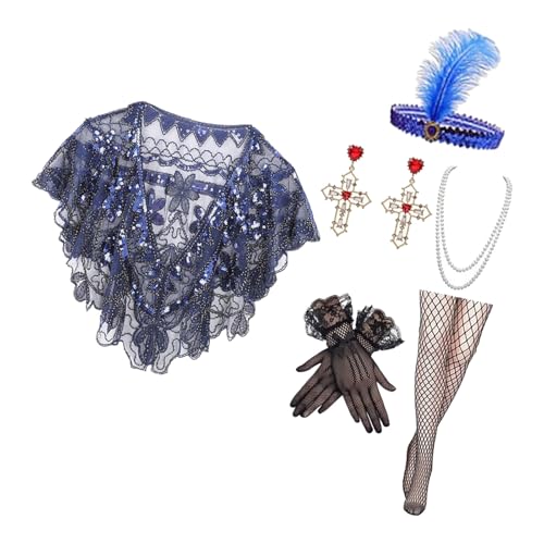Ldbuejiaja Vintage 20er Jahre Damenkostüm-Set, glitzernde Perlenkette, Schulterschal und elegante Accessoires für Partys Ldbuejiaja Vintage 20er Jahre Damenkostüm-Set, glitzernde Perlenkette, Schulterschal und elegante Accessoires für Partys von Ldbuejiaja
