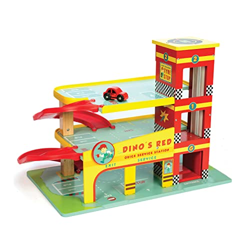 Le Toy Van – Kultige Dinos Spielzeuggarage aus Holz mit 3 Etagen mit Aufklebern und Auto | Fahrzeug-Rollenspiel für Jungen – Geeignet für Kinder ab 3 Jahren, TV450 von Le Toy Van