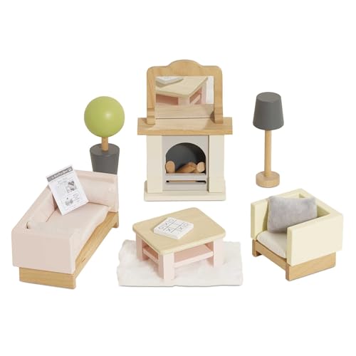 Le Toy Van - ME058 - Puppenhaus-Wohnzimmer, Alter 3, 19-teiliges Holzmöbel-Set, Öko-Spielzeug, Montessori, inklusive Tisch, Sofa, Sessel, Kamin, Lampe, Zimmerpflanze von Le Toy Van