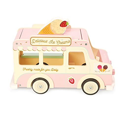 Le Toy Van - ME083 - Lernspielzeug-Eiswagen für Kinder aus FSC-Holz, 3 Jahre, 26 x 12 x 19 cm, zum Spielen mit Puppen, Dach zum Öffnen, Gefrierschrank, Eistüten inklusive von Le Toy Van