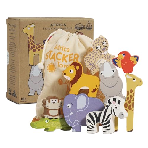 Le Toy Van - PL117 - Lernspiel Tiere der Savanne, stapelbar, für Kinder ab 18 Monaten, Balance-Aktivität, 9 Tiere und Tasche, aus FSC-Holz, ökologisches Spiel, plastikfrei, Petilou von Le Toy Van
