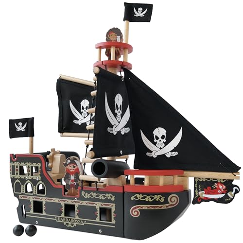 Le Toy Van – Pädagogisches Pirates Collection Piratenschiff „Barbarossa“ aus Holz, mit Kanone, Kanonenkugeln, Planke, Falltür und Anker | Rollenspiel Piratenspielzeug, TV246 von Le Toy Van