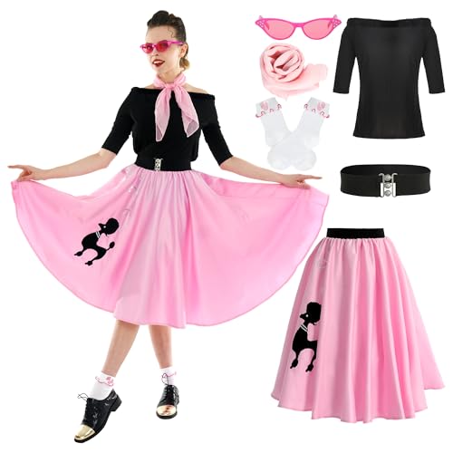 Leadtex Sock Hop Outfits Damen 1950er Pudel Röcke Pudel T-Shirt mit 50er Jahre Zubehör Socken Schal Gürtel Brille, Pink, S von Leadtex
