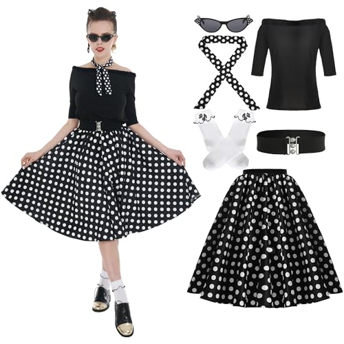 Leadtex Sock Hop Outfits Damen 1950er Pudel Röcke Pudel T-Shirt mit 50er Jahre Zubehör Socken Schal Gürtel Brille, Schwarz, XXL von Leadtex