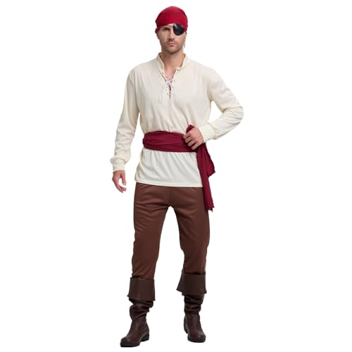 Leajap Halloween-Piratenkostüm für Erwachsene: Party-Cosplay-Kleidung für Herren, Weiss/opulenter Garten, XL von Leajap