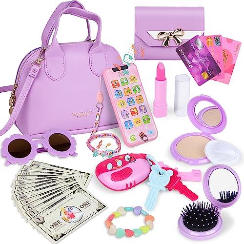 Learn2M Handtasche für Kinder Mädchen,Mein Erstes Vortäuschen Handtasche für Kleine Mädchen mit Geldbörse Make-up Handy Sonnenbrille Schminkspielzeug und Mehr für Kinder ab 3 Jahren Geschenkidee Lila von Learn2M