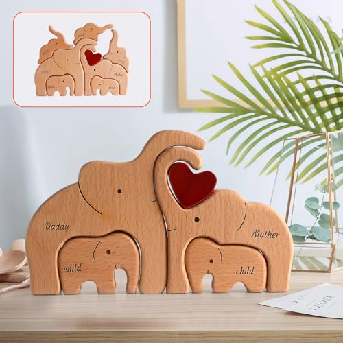 Personalisiertes Holzpuzzle der Elefantenfamilie - Montessori Lernspielzeug - Holz Elefanten Skulpturen Desktop Ornament - Einzigartiges Geburtstagsgeschenk für die Familie von LearnToy