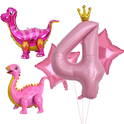 5pcs Rosa Dinosaurier Ballons, Mädchen Dinosaurier Geburtstagsnummer Mylar Folie Ballon Rosa Dinosaurier 4th Geburtstag Party Supplies Dekorationen (4th) von Lebeili