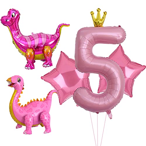 5pcs Rosa Dinosaurier Ballons, Mädchen Dinosaurier Geburtstagsnummer Mylar Folie Ballon Rosa Dinosaurier 5th Geburtstag Party Supplies Dekorationen (5th) von Lebeili