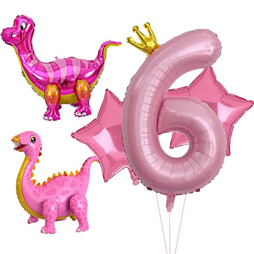 5pcs Rosa Dinosaurier Ballons, Mädchen Dinosaurier Geburtstagsnummer Mylar Folie Ballon Rosa Dinosaurier 6th Geburtstag Party Supplies Dekorationen (6th) von Lebeili